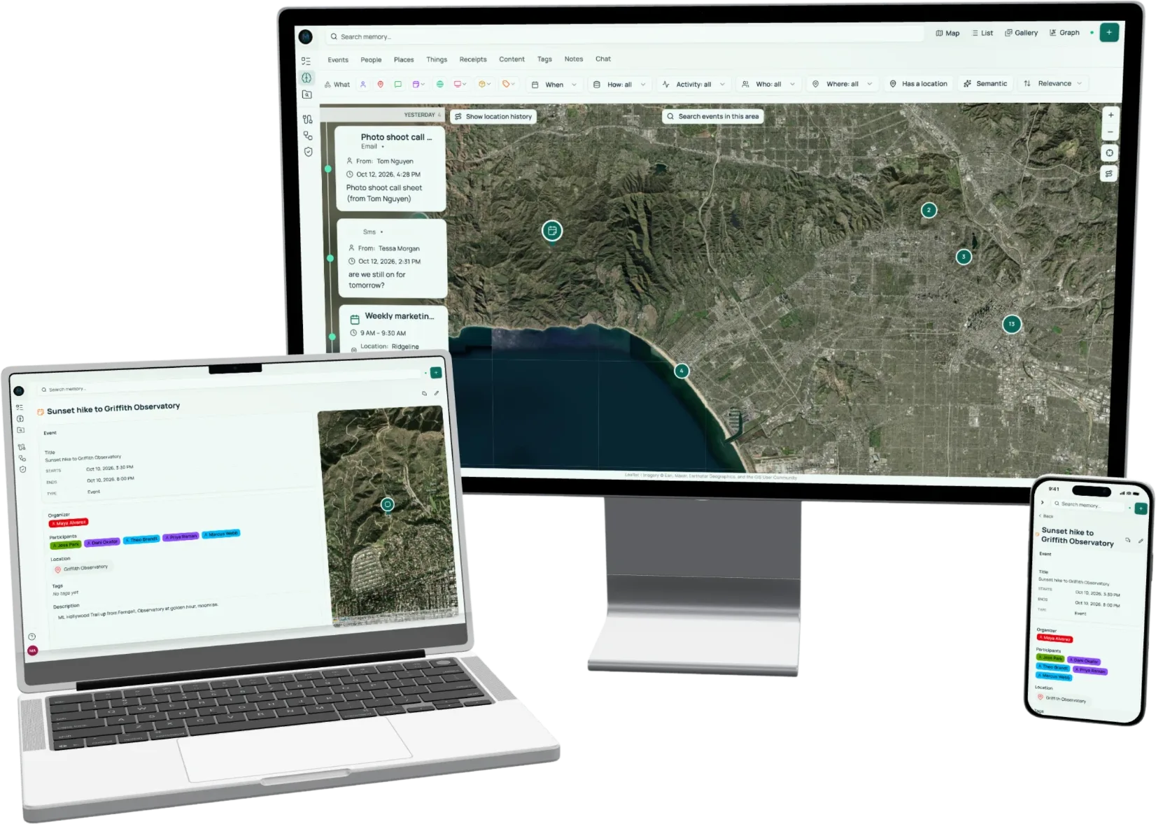 Companion Memory on a desktop display, a laptop and a phone: a map of remembered places and an event record with its people and location